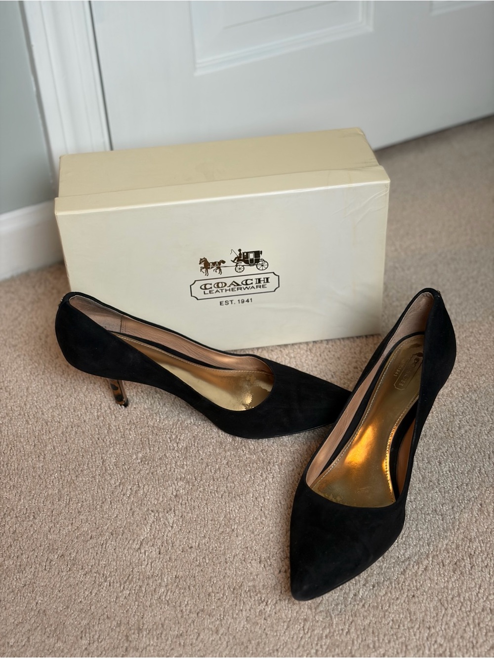 Coach Zoee Suede Pointed Pumps in Black with Gold Insole